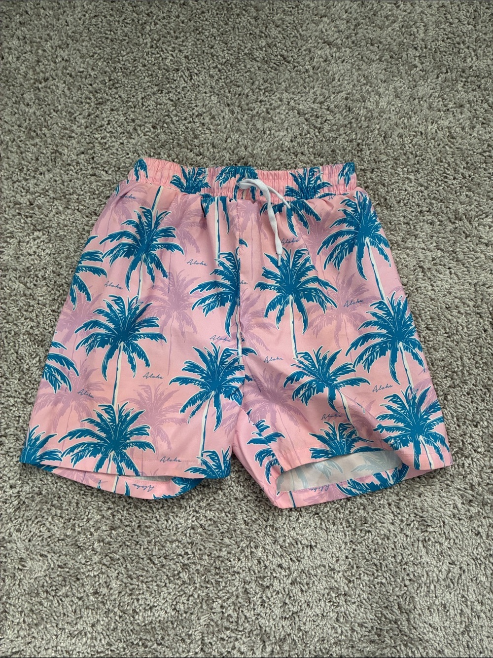 SHEIN Pink Swim Trunks with Blue Palm Print